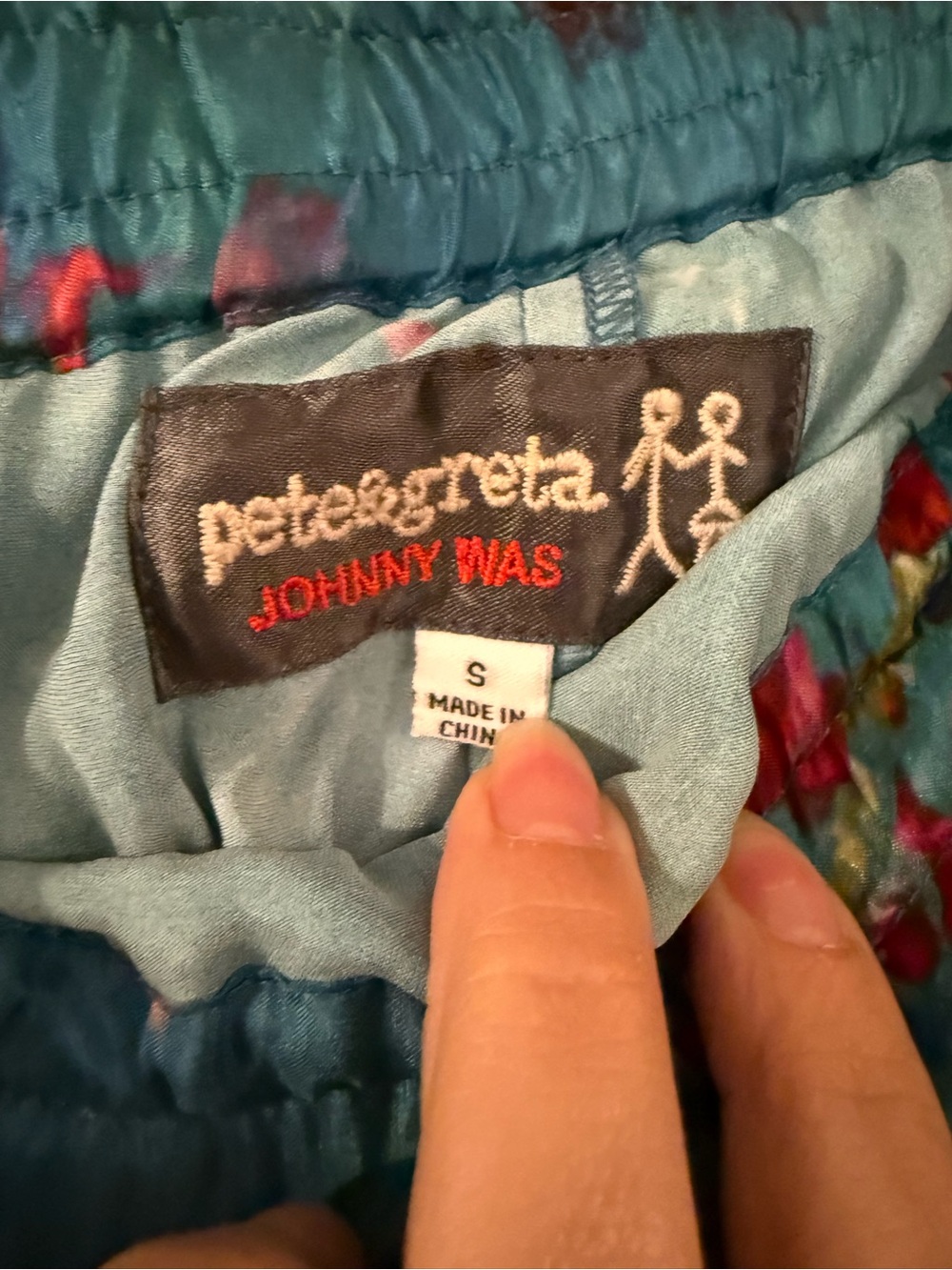 Johnny Was Teal Silk Blend Straight-Leg Pants with Multicolor Abstract Accents - Picture 4 of 6